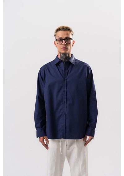 Respire Erkek Nakış Detaylı Poplin Oversize Gömlek Lacivert