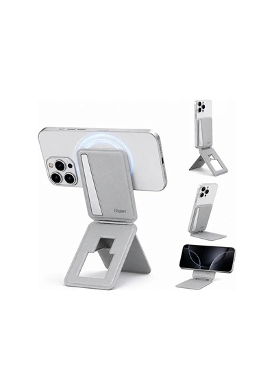 Magsafe Cüzdan Kartlık Güçlü Manyetik 360 Döner Standlı Telefon Kartlığı İphone Uyumlu Deri Cüzdan Gri-14911