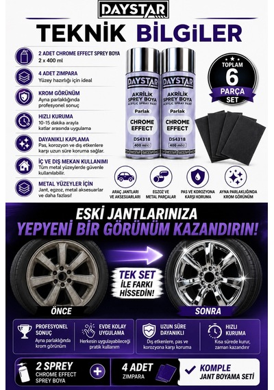 Daystar Jant Boyama Seti 2 Adet Krom Effect Sprey Boya 400 Ml + 4 Adet Zımpara Profesyonel Krom Gö Çok Renkli