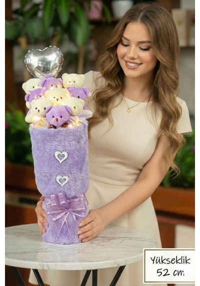 Kadınlar Gününe Özel: Deluxe Mor-beyaz Peluş Ayıcık Led Işıklı Kalp Balonlu Peluş Vazo Tasarımlı Ayıcık Buketi