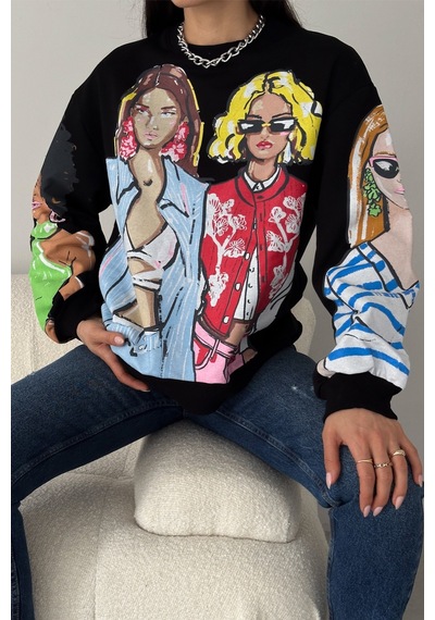 Femelle Kadın Siyah 3 İplik Şardonlu Baskılı Oversize Pamuk Sweatshirt