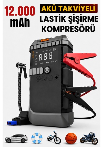 Akü Takviye Cihazı 4'ü 1 Arada Powerbank, Hava Kompresörü, Lcd Ekran, 12.000mah 150psı