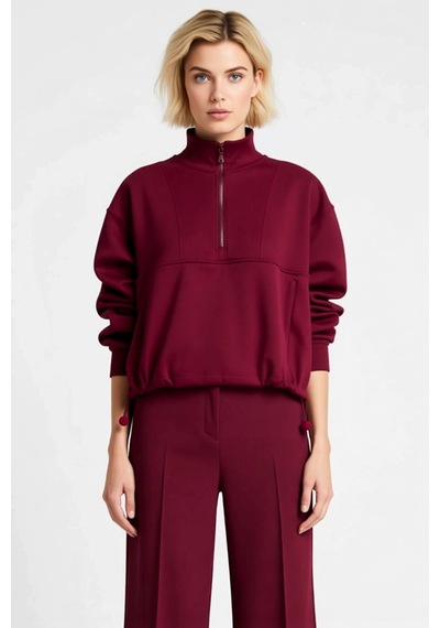 Benerly Kadın Yüksek Yaka Standart Kol Fırçalı Scuba Sweatshirt Fonksiyon Bordo