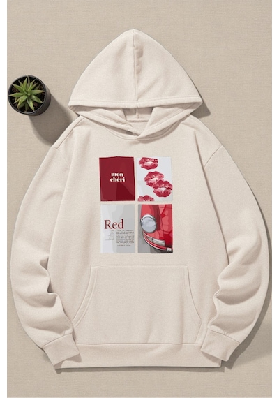 Uyguntarz Unisex Red Mon Cheri Baskılı Kapüşonlu Sweatshirt Bej