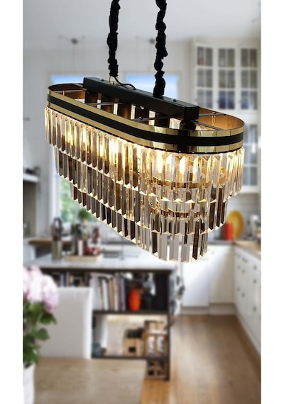 Sedef Şeritli 70x30 Cm Lik Kristal Taşlı Lüks Avize - Yatak Odası - Salon - Mutfak - Hol Altın