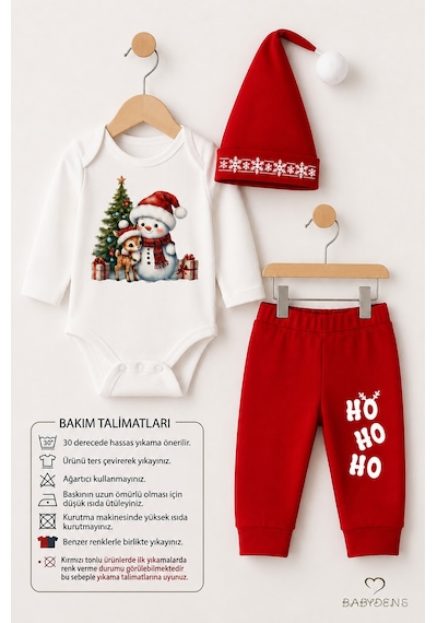 Babyden's Bebek Yılbaşı Noel Kıyafeti 3 Lü Takımı Snowman Baskılı Body,kırmızı Pantolon,noel Şapkası Unisex Kırmızı - Beyaz