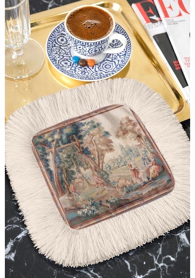 Avangart Rokoko Saçaklı Bohem Sunum Peçetesi - Pastoral Nostaljik Bej Mavi Bardak Altlığı Mendil Çok Renkli