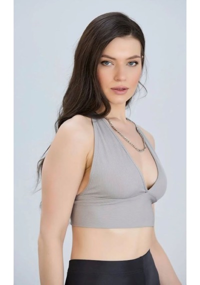 Derin V Yaka Crop Bluz - S504564 Gri