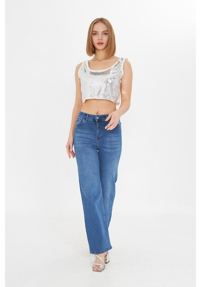 Kutaf Mavi Yüksek Bel Kar Yıkama Likralı Geniş Paça Palazzo Jeans Mavi