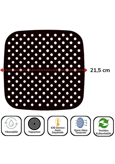 Go İthalat Siyah Isıya Dayanıklı Yıkanılabilir Silikon Fırın Ve Airfryer Kare Model Pişirme Matı 21,