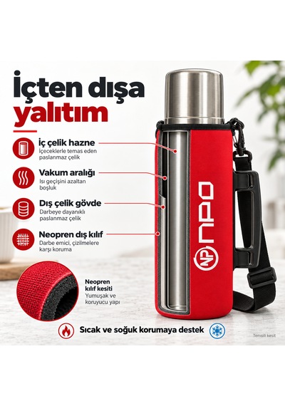 Npo Nt01 2 Katman Vakum Teknolojili 24h Sıcak 48hsoğuk 72hbuzlu Koruma Çelik Termos Kırmızı Kılıflı