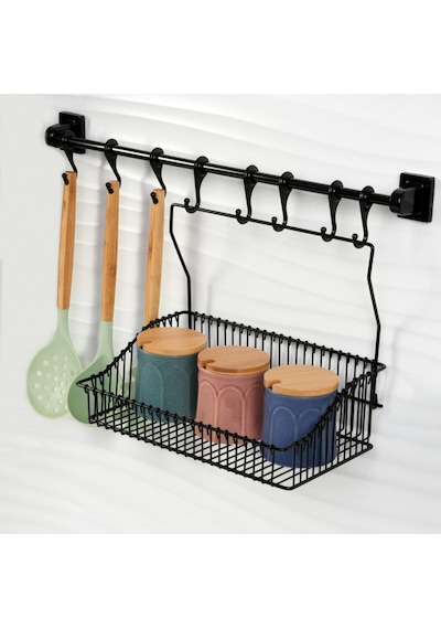 Vidasız Montaj Duvar Rayı 8li Askı(45cm) Ve Sepet 30 cm