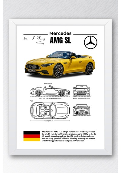 Mercedes-amg Sl Tablo - Teknik Özellikli Lüks Roadster Poster - Çerçeveli Duvar Dekoru - Blueprint Beyaz