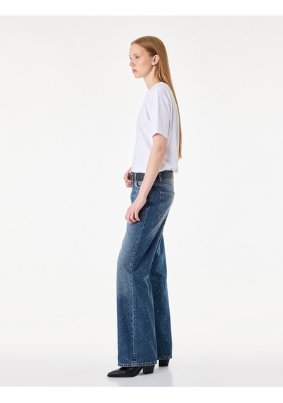Koton Taş Detaylı Yüksek Bel Düz Paça Denim Pantolon- Straight Jeans Orta İndigo 7wal40097md Koton Taş Detaylı Yüksek Bel Düz Paça Denim Pantolon- Straight Jeans Orta İndigo 7wal40097md