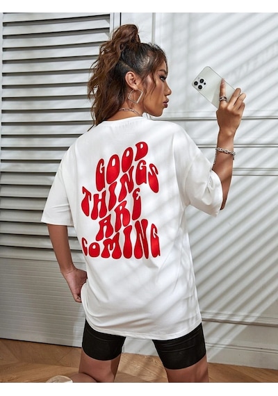 Good Things T-shirt - Beyaz Baskılı Oversize Bisiklet Yaka Kısa Kol Tişört Beyaz