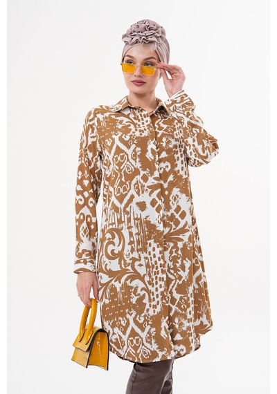 Polologin Butik Desenli Kahverengi Beyaz Tunik Kahverengi & Beyaz