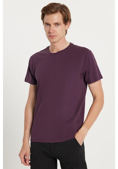 Tudors Unisex Slim Fit Dar Kesim %100 Pamuk Yumuşak Dokulu Mor Bisiklet Yaka Tişört-34610 Mor