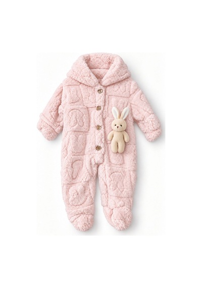 Kız Erkek Bebek Tavşan Ve Ayı Oyuncaklı Peluş Tulum Tlm0301 Pudra