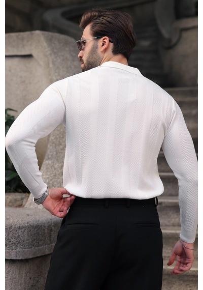 Madmext Beyaz Regular Fit Polo Yaka Triko Erkek Kazak E7509