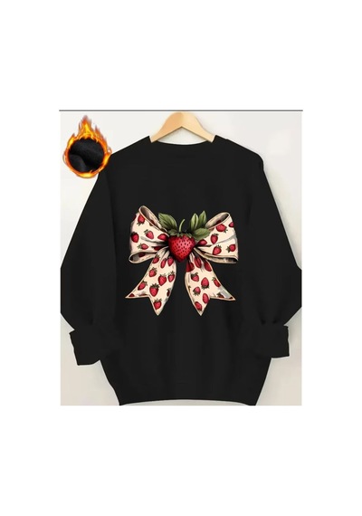 Herkesemoda Çilek Kurdele Baskı Detaylı Bisiklet Yaka Sweatshirt Siyah
