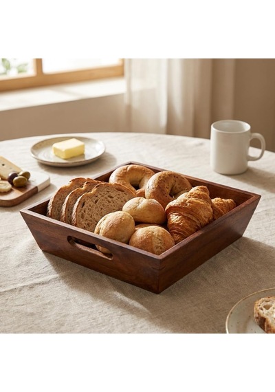 Akasya Ahşap Ekmek Sepeti 25 X 25 Cm, Kulplu Kare Sunum Sepeti, Kahvaltı, Ekmek, Kruvasan, Meyve Ve Sofra Sunumu İçin Dekoratif Ahşap Servis Sepeti