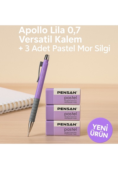 Apollo Beyaz 0.7 Versatil Kalem + 3 Adet Beyaz Silgi Lila