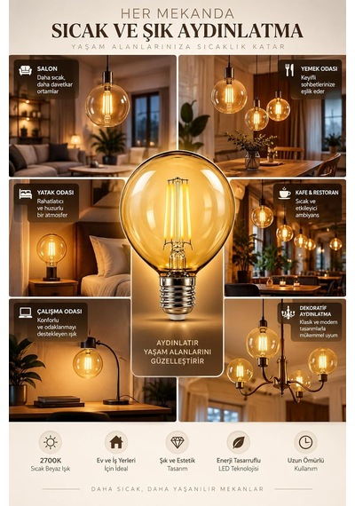 G95 Dimmerli Rustik Gün Işığı 2700k Amber Led Ampul Filament E27 Duylu Filamanlı Edison Ampül Diğer
