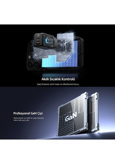 67w 3 Portlu Gan Hızlı Şarj Adaptörü - 2x Type-c + 1x Usb-a Şarj Cihazı Siyah