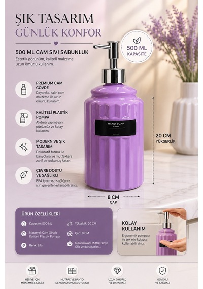 Modern Sıvı Sabunluk - Renkli Cam Mutfak Deterjan Ve Sıvı Sabunluk, Gümüş Pompalı - 20x8x8 Cm Mor