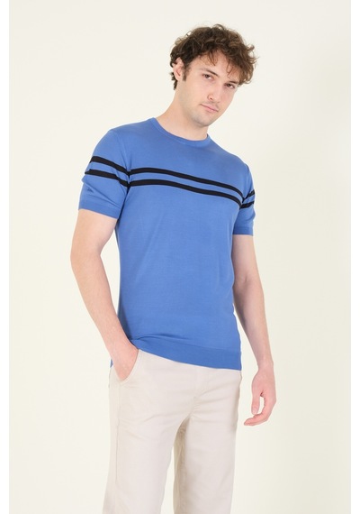 Giyim Dünyası Erkek Sıfır Yaka Çizgili Merserize T-shirt İndigo 001