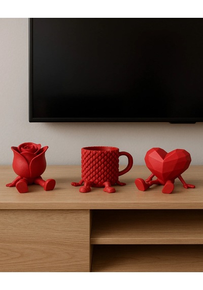 Dekoratif Kalp , Gül Ve Kahve Figürü Kahve Sever Obje 3'lü Set 8 X 6 Cm