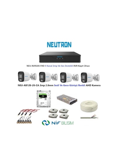 Neutron 2mp 4 Kameralı Gece Renkli Ve Sesli Dış Ortam Ahd Full Set 500gb