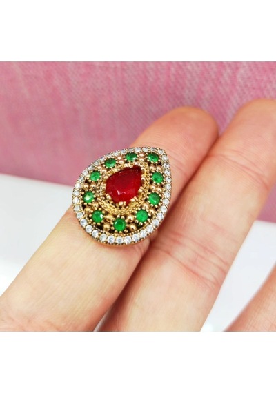 Oriental Kuyumculuk Jewellery Zümrüt Ve Yakut Taşlı Otantik Damla Modeli Gümüş Yüzük Kırmızı