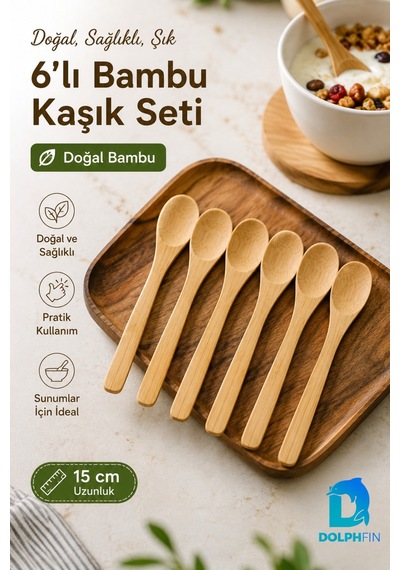 6 Lı Bambu Kaşık Seti 15 Cm Doğal Ahşap Baharat Ve Sunum Kaşığı