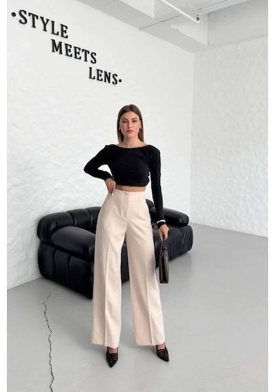 Defymoda Yüksek Bel Pensli Palazzo Pantolon Bej