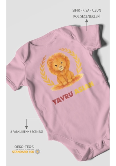 Yavru Aslan Baskılı Bebek Zıbını Çıtçıtlı Body 8 Renk %100 Pamuk Kısa Kol Koyu Pembe