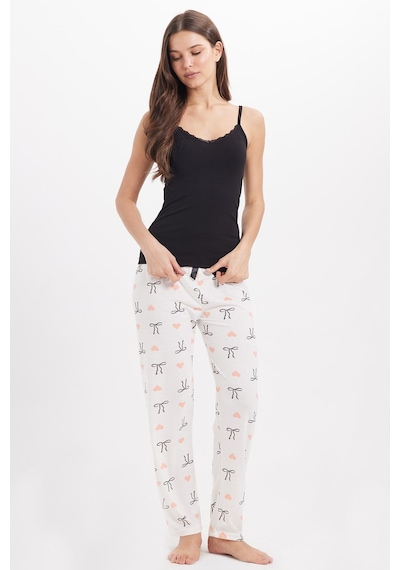 Tudors Kadın Regular Fit Klasik Kesim Viskon Beli Lastikli Fiyonk Detaylı Baskılı Beyaz Pijama Altı-51007