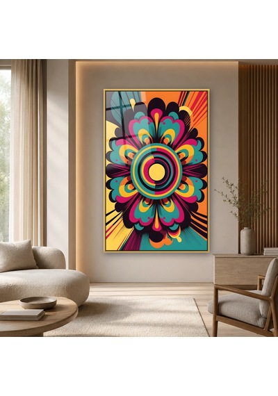 Retro Şeritli Çiçek Mandala Gold Çerçeveli Cam Tablo