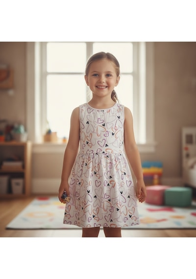 Bonbon Kız Çocuk Pamuklu Kalp Baskılı Açık Pembe Renk Elbise Bb2769 Çok Renkli