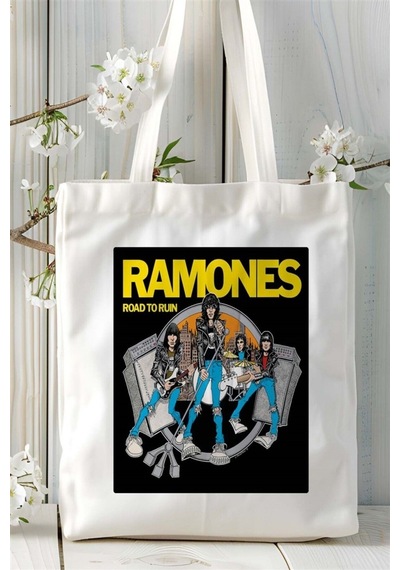 Art Hediye Ramones Baskılı Bez Çanta Omuz Çantası Kişiye Özel Desen 1 Çok Renkli
