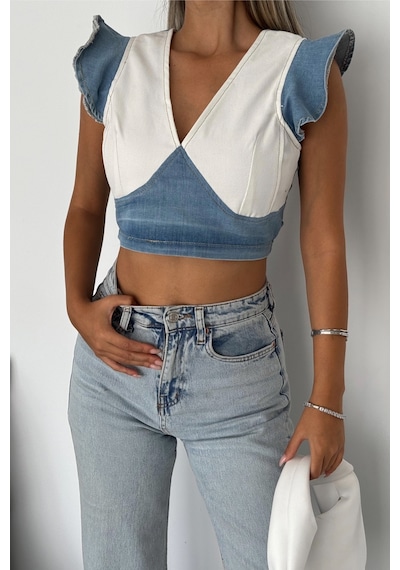 Femelle Kadın Mavi Sırtı Fermuarlı Crop Kot Bluz