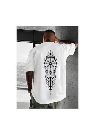 Caddemia Yaz  Moda Spor Rahat Gevşek Geometrik Desen Baskılı Yuvarlak Boyun Kısa Beyaz 2XL