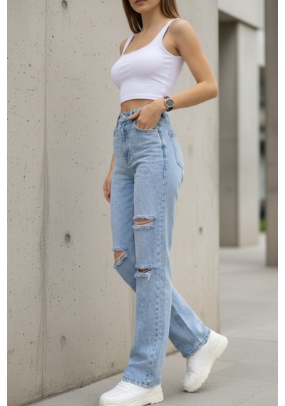 Woddi Bella Taş Salaş Dizi Yırtık Rahat Kesim Palazzo Jeans Kot Pantolon