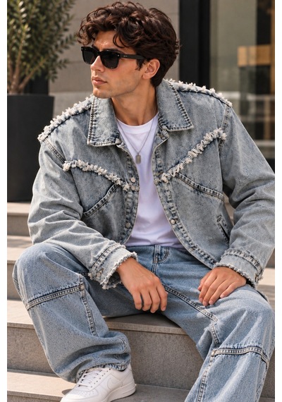 Erkek Açık Mavi Denim Takım Püsküllü Jean Ceket Ve Baggy Bol Paça Pantolon Oversize İkili Takım Erkek Açık Mavi Denim Takım Püsküllü Jean Ceket Ve Baggy Bol Paça Pantolon Oversize İkili Takım