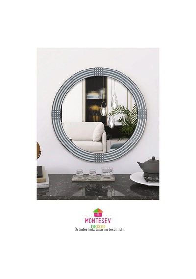 Safir Gümüş Dekoratif Ayna Yuvarlak Işlemeli Duvar Aynası 69 Cm Gümüş