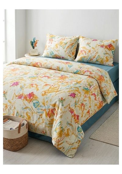 Elegancehome Pamuk Saten Çift Kişilik Nevresim Takımı - Lastikli Çarşaflı - 4 Parça Modern Desenli Set Çok Renkli