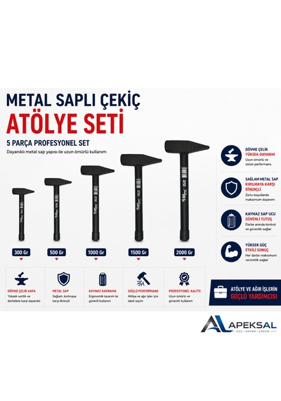 Sait Demirci Metal Saplı Çekiç 5'li Atölye Seti Dövme Çelik Profesyonel Çekiç