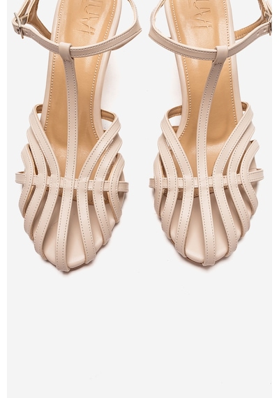 Luvishoes Luvi Shoes Felip Ekru Cilt Bantlı Kadın Kısa Topuklu Ayakkabı Ekru