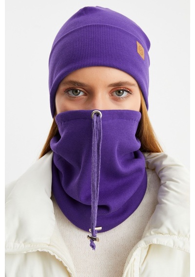 Butikgiz Kadın Balıkçı Style Pamuklu Kaşkorse Terletmez Ultra Hafif Yumuşak Bere Boyunluk Takım Mor