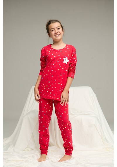 Siyah İnci Pamuklu Bisiklet Yaka Örme Pijama Takım25241120 Kırmızı